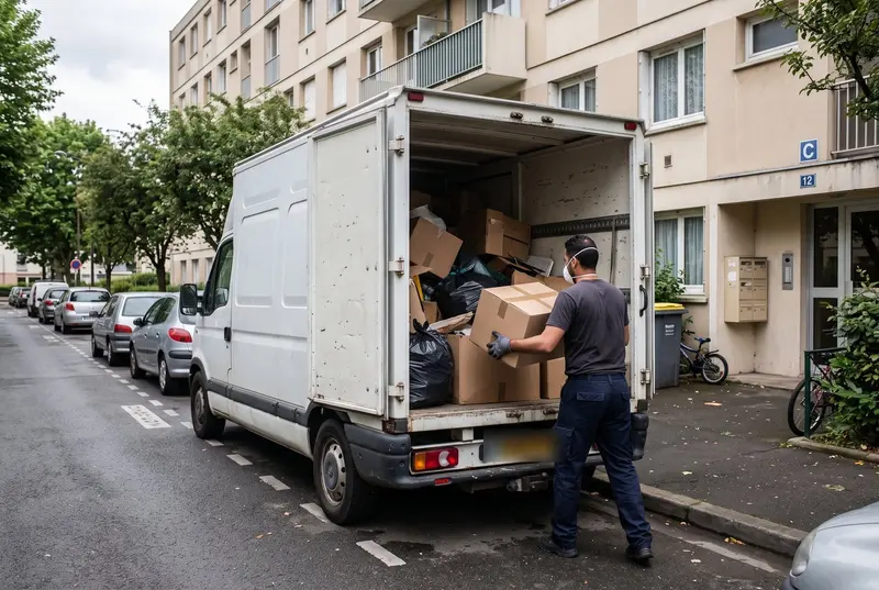 Utilitaire sans marquage chargé devant un immeuble