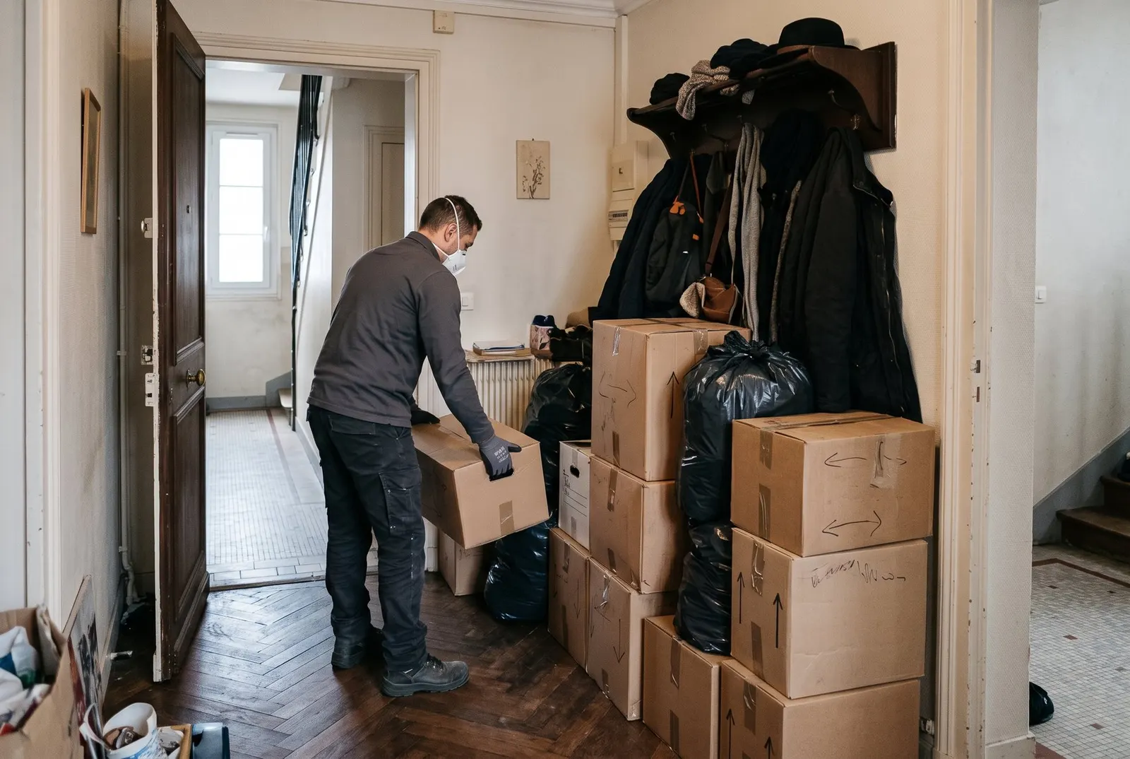 Équipe de débarras en intervention dans un appartement parisien