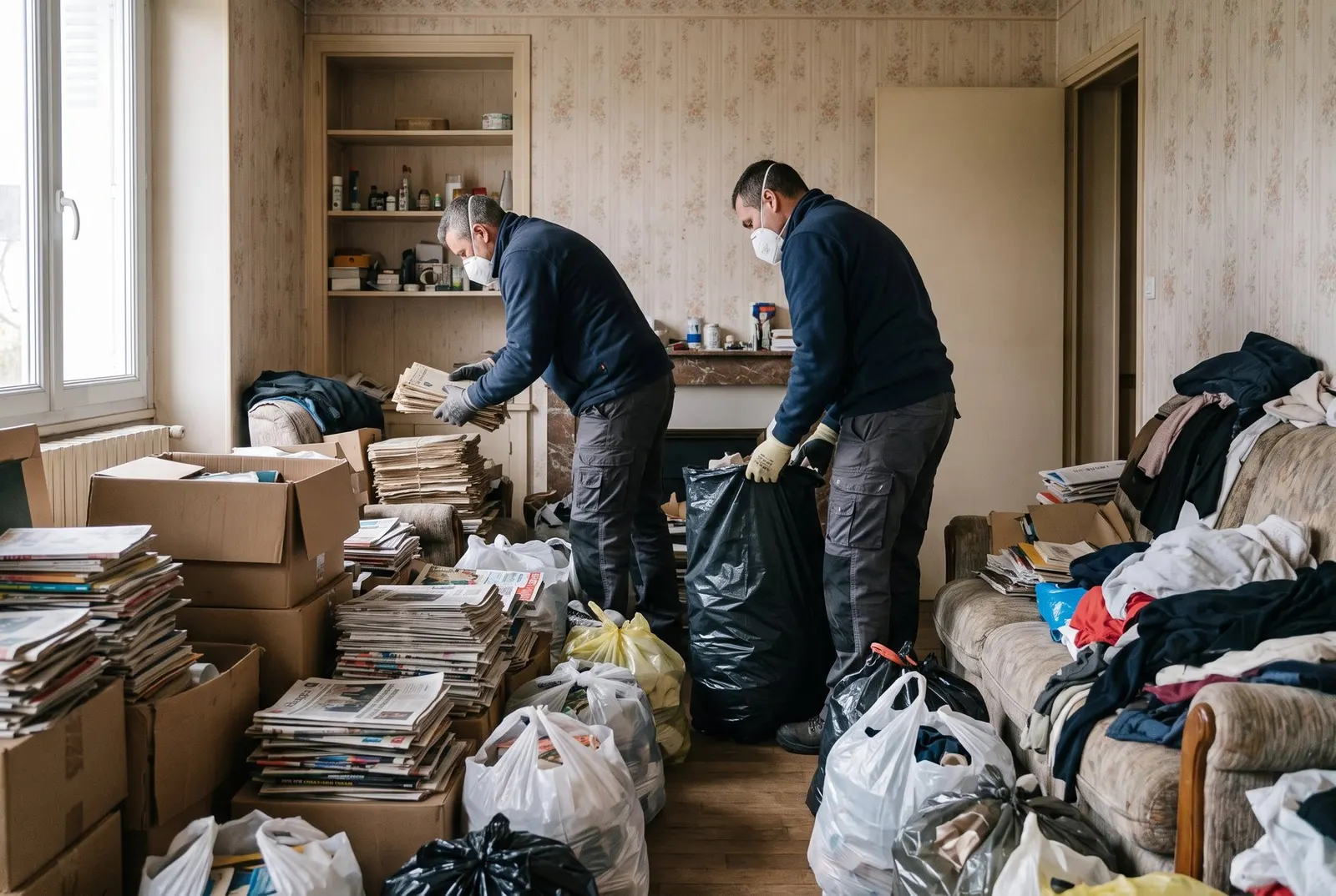 Séjour d'un appartement envahi par l'accumulation, typique du syndrome de Diogène